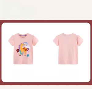 Front and back view of pink short-sleeved cotton girl's T-shirt with unicorn rainbow print