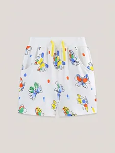 White cotton girls' shorts featuring colorful butterfly prints and yellow drawstring waist