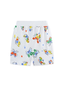 White cotton kids shorts featuring colorful butterfly prints and elastic waistband