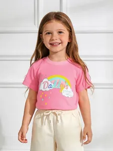 T-Shirt 100% Coton pour Fille Manches Courtes Décontracté Imprimé Arc-en-Ciel Nuage Col Rond Top d'Été pour Enfants