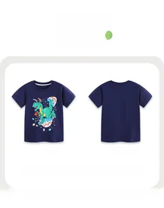 Front and back views of navy blue cotton T-shirt with cartoon dinosaur print