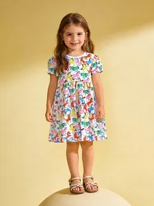 Robe D'été En Coton Pour Fille Manches Courtes Imprimé Poney Coloré Col Rond Manches Bouffantes Robe De Princesse