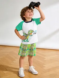 Ensemble T-Shirt En Coton Et Short À Carreaux Pour Garçons Avec Imprimé Dinosaure De Dessin Animé Manches Raglan Col Rond Décontracté