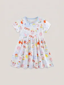 Mädchen Sommerkleid in Weiß mit bunten Eiscreme- und Strandmotiven, kurzärmelig