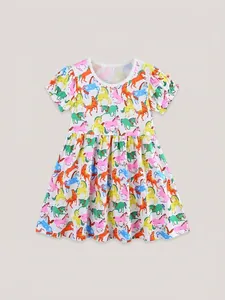 Robe d'été pour filles en coton crème avec imprimés de chevaux de dessin animé