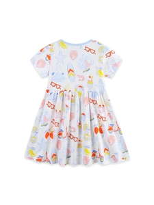 Mädchen Sommerkleid aus Baumwolle mit bunten Strand-Motiven und kurzen Ärmeln