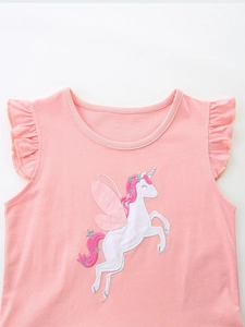 Pink sleeveless girls dress with unicorn embroidery and flutter sleeves on cotton knit