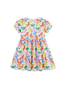 Robe de princesse blanche pour fille avec imprimés chevaux colorés et manches bouffantes