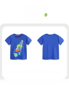 Front and back view of blue boys cotton t-shirt with cartoon dinosaur and UFO prints