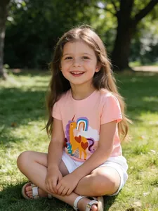 Girls Cotton Unicorn Print T-Shirt European Style Rainbow Graphic Short Sleeve Crew Neck Summer Top For Children