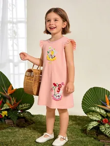 Robe de Princesse Rose d'Été pour Filles en Coton Tricoté Sans Manches avec Broderie de Fée des Fleurs Ligne A