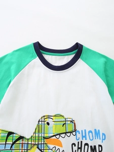 T-shirt garçon en coton blanc avec manches raglan vertes et imprimé dinosaure dessin