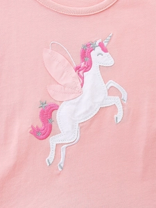 Pink cotton girls unicorn dress with detailed silver star embroidery and soft knit texture