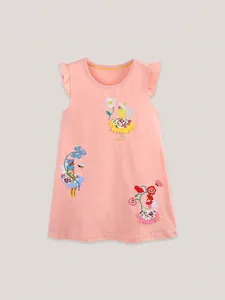 Robe rose sans manches en ligne A pour filles avec broderie fée fleurie et volants
