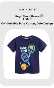Close-up of boys' navy cotton T-shirt featuring tennis theme and 'PLAY TIME' print