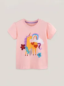 Pink girls' short-sleeve unicorn rainbow cotton T-shirt with purple crew neck trim