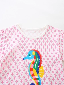 Pink girls short sleeve top with cute seahorse print and ruffle sleeves for summer