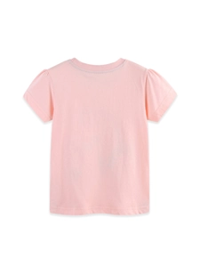 Light pink cotton girls T-shirt with puff sleeves and round neck shown from the back view