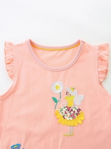 Robe rose sans manches pour filles en coton avec broderie fée et volants aux épaules
