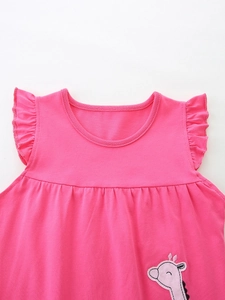 Girls rose pink sleeveless knit cotton top featuring flutter sleeves and giraffe patch