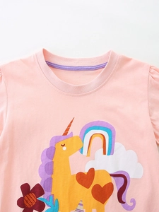 Girl's pink cotton t-shirt featuring a cartoon unicorn and rainbow print with round neck