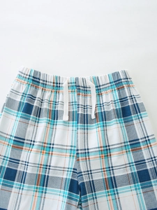 Kids cotton plaid shorts with elastic waistband and drawstring in blue and orange