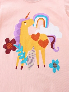 Pink cotton girls' T-shirt with colorful unicorn, rainbow and floral print detail