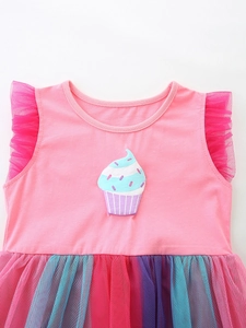 Pink sleeveless girls princess dress with cupcake applique and colorful rainbow mesh skirt