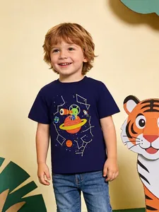 Maglietta Ragazzo Manica Corta Cotone Luminosa Si Illumina Al Buio Stampa Spaziale Alieni Girocollo Casual Estiva Bimbi
