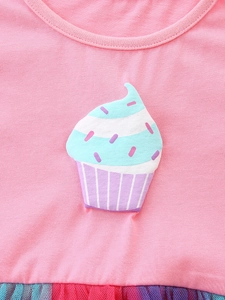 Pink sleeveless girls dress with cupcake applique and colorful layered tulle skirt