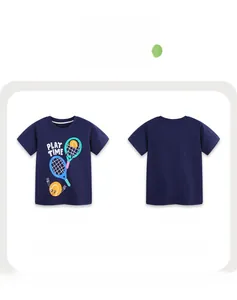 Detail showing the tennis theme print and soft cotton fabric of this kids navy t-shirt