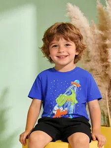 Boys Cotton Short Sleeve T-Shirt Cartoon Dinosaur UFO Print Casual Round Neck Summer Sporty Kids Top Daily Breathable Soft