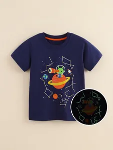 Maglietta in cotone blu scuro per bambini con stampa spaziale luminosa e motivi alieni