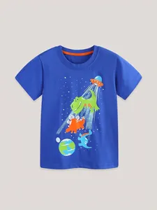 Boys short sleeve blue t-shirt with space dinosaur UFO prints and bright orange crew neck