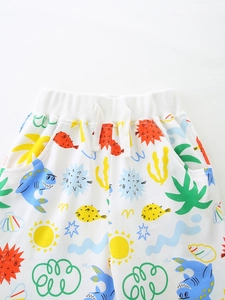 Boys white knit cotton shorts with colorful ocean life print and drawstring waist
