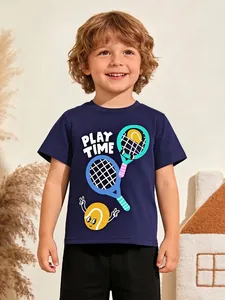 Boys Summer 100% Cotton Short Sleeve T-Shirt Cartoon Tennis Play Time Printed Round Neck Soft Casual Sporty Top Navy Blue