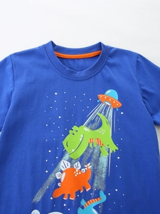 Boys short sleeve navy cotton t-shirt featuring colorful dinosaur and UFO cartoon prints