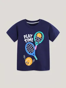 Dark blue kids cotton T-shirt featuring Play Time tennis print in a flat lay view