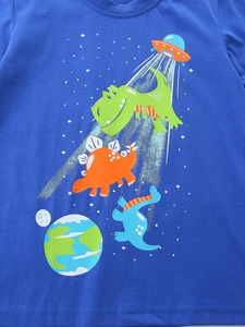 Boy's blue short sleeve T-shirt featuring cartoon dinosaur and UFO space print design