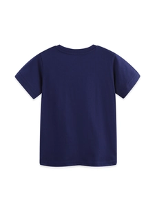 Classic dark blue short-sleeve cotton T-shirt for boys featuring a round neck and plain back