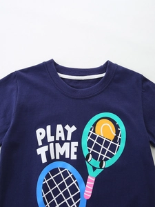 Kids navy cotton short sleeve t-shirt with PLAY TIME tennis graphic print