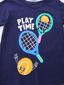 Kids navy cotton T-shirt featuring a Play Time tennis graphic and soft knit texture