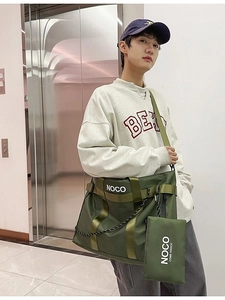 Olive green nylon tote bag with matching mini pouch and stylish crossbody strap