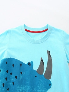 Sky blue cotton boys' t-shirt with cartoon rhino print and stylish red neckline detail