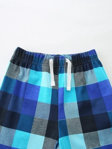 Boys summer shorts set with blue plaid cotton fabric and elastic drawstring waist