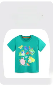 Flat lay of a mint green cotton boy's T-shirt featuring funny cartoon frog prints