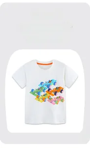 Close-up of boys white cotton t-shirt featuring five colorful cartoon racing cars print