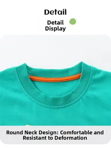 Detailed view of reinforced rib neckline with orange anti-deformation tape on green t-shirt