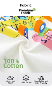 Detail of soft 100% cotton fabric with vibrant colorful cartoon car and plane prints