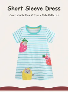 Detail of blue striped cotton dress for girls featuring cute animal embroidery patterns